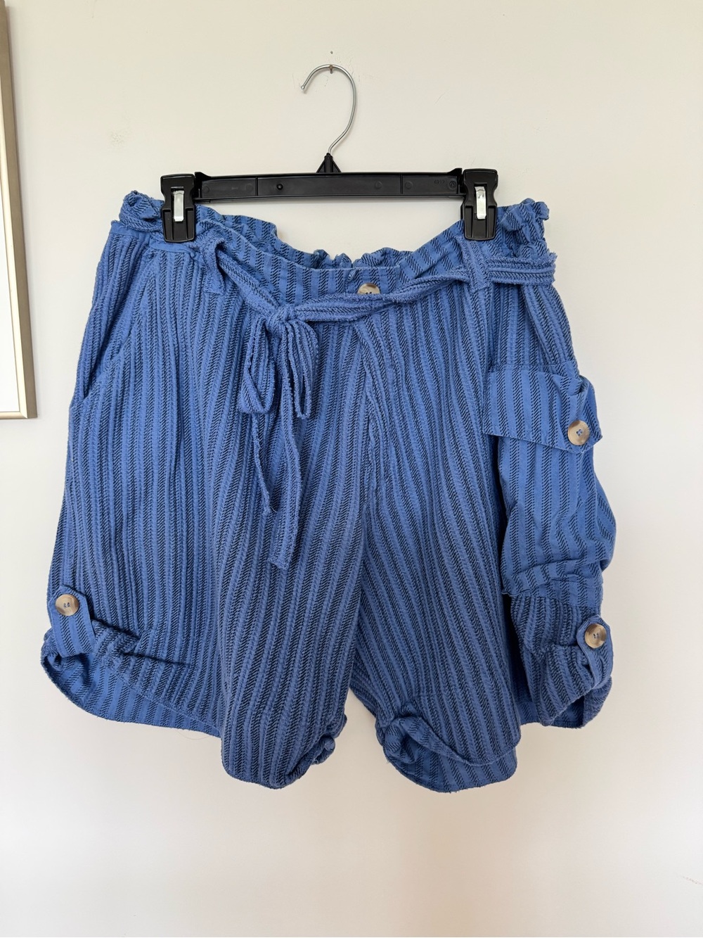 FP One by Free People Blue Drawstring Bermuda Shorts with Roll-Tab Detail